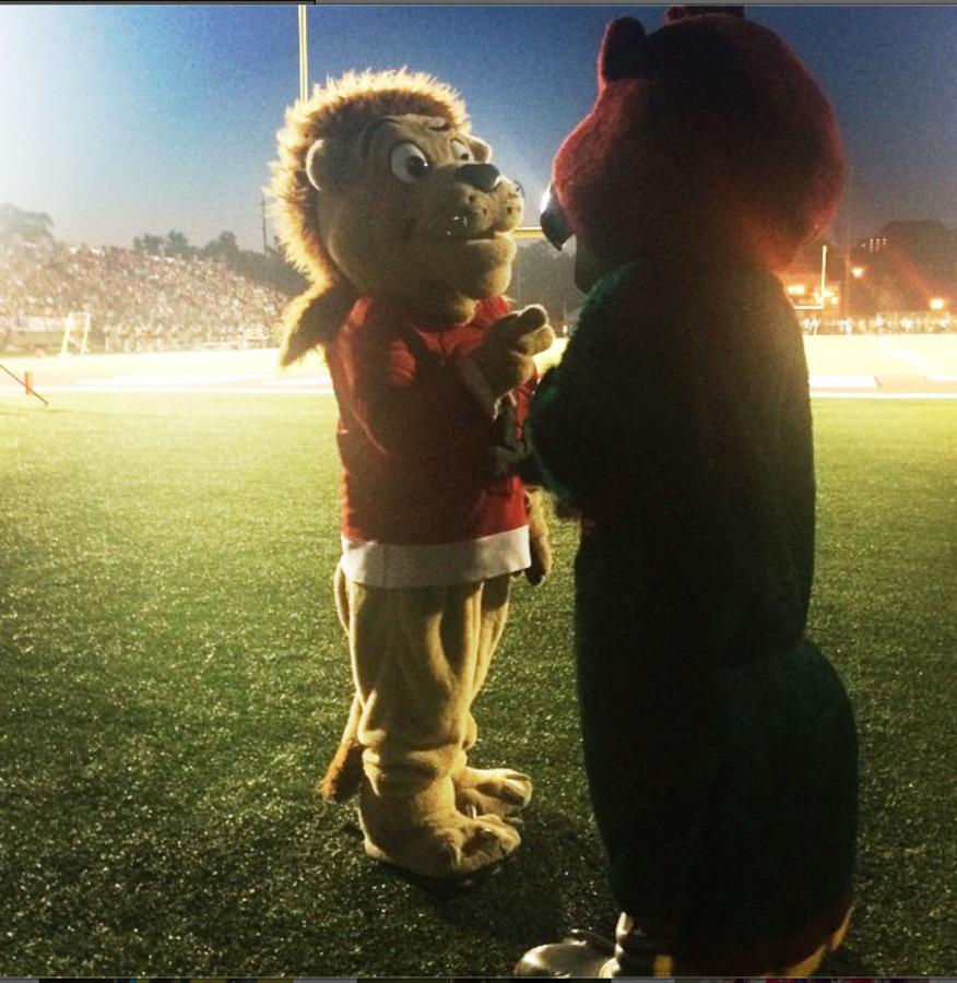 Mascots Chesty and Freddie meet at the football game Friday night at LHS.