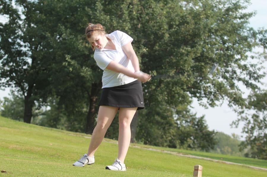 Senior Bonnie Reinsch tees off at the Lawrence Invitational on Tuesday.