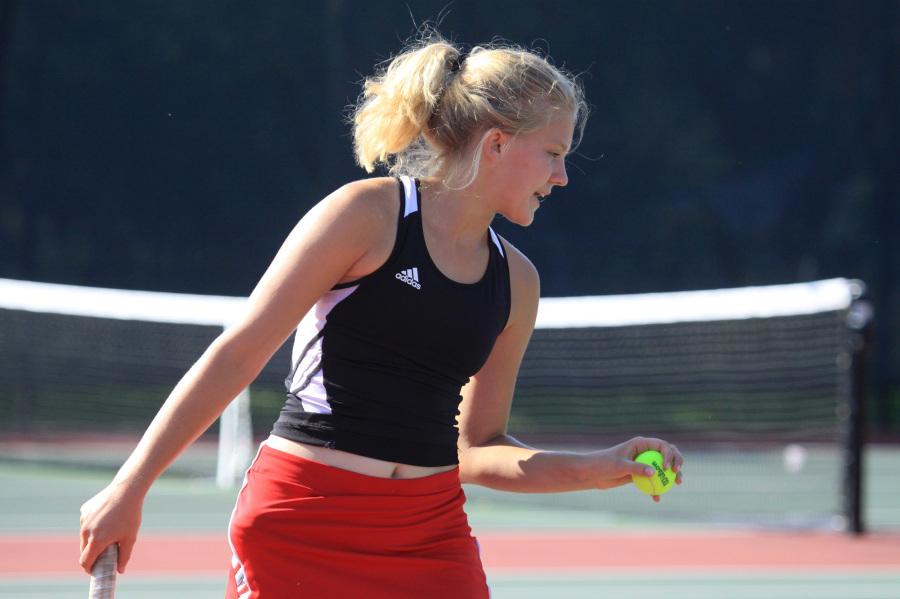 Junior Caroline Baloga was among tennis team members to win in dual against Manhattan on Thursday. Her doubles partner is sophomore Natalie Cote.