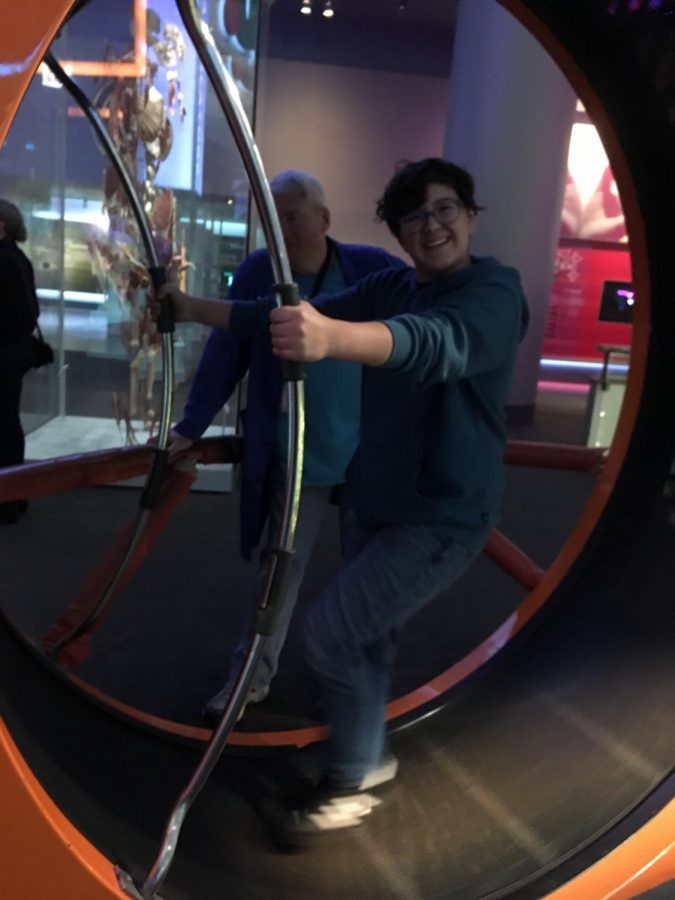 Nadia Sanburn runs in the hamster wheel at the Museum of Science and Industry. 
