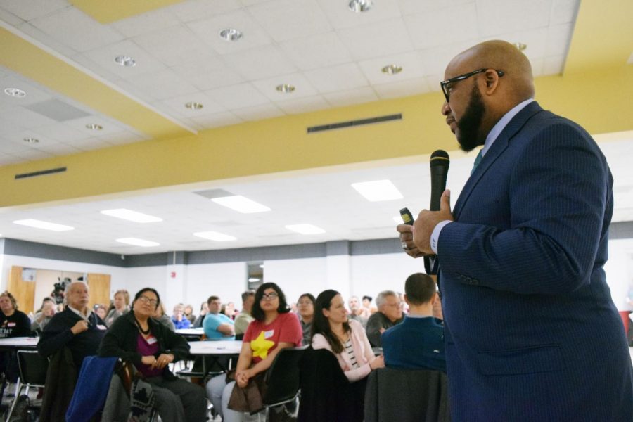 Superintendent Anthony Lewis meets speaks during a community meeting at Lawrence High School on Thursday night to address school safety issues.