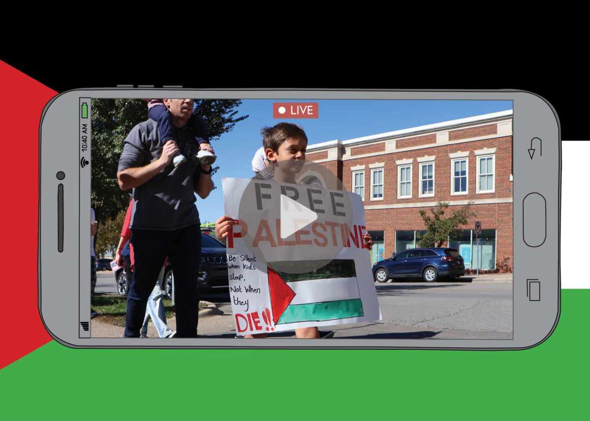 More than a story, many area Muslim residents have deep connections to the conflict unfolding in Gaza. Lawrence residents marched through downtown along Massachusetts Street on Oct. 21 in protest (seen in illustration) and regularly grapple with the violent images shared over social media. Photo by Sama Abughalia