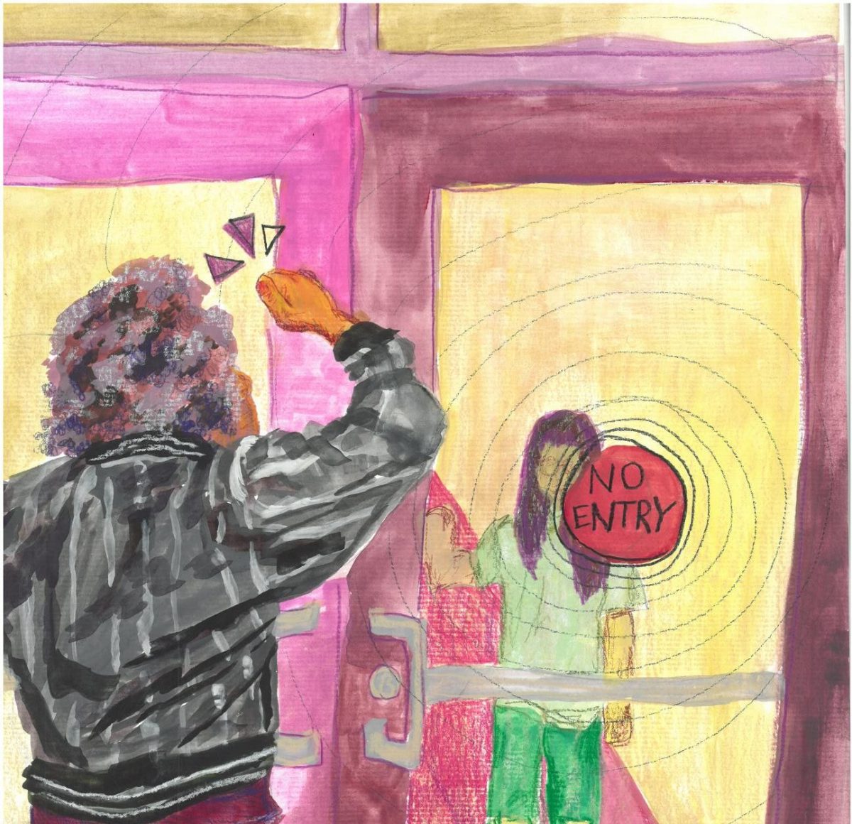 Students often struggle to get into the building on time. 
Illustration by Neva Livingston.