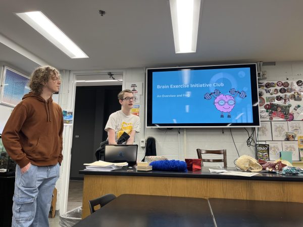 Club members Simeon Moulton and Brandon Parnell present to an AP Biology class about BEI. 