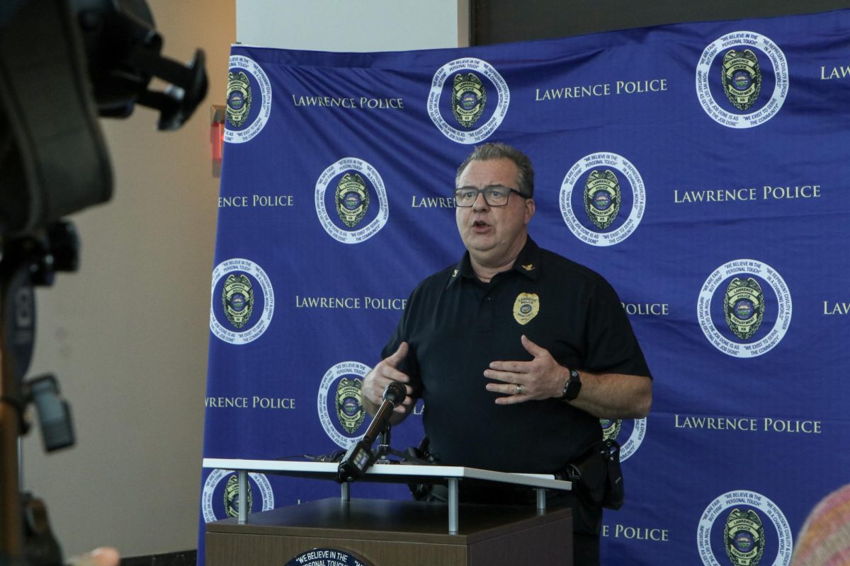 Lawrence Police Chief Rich Lockhart speaks at a press conference on March 7. 